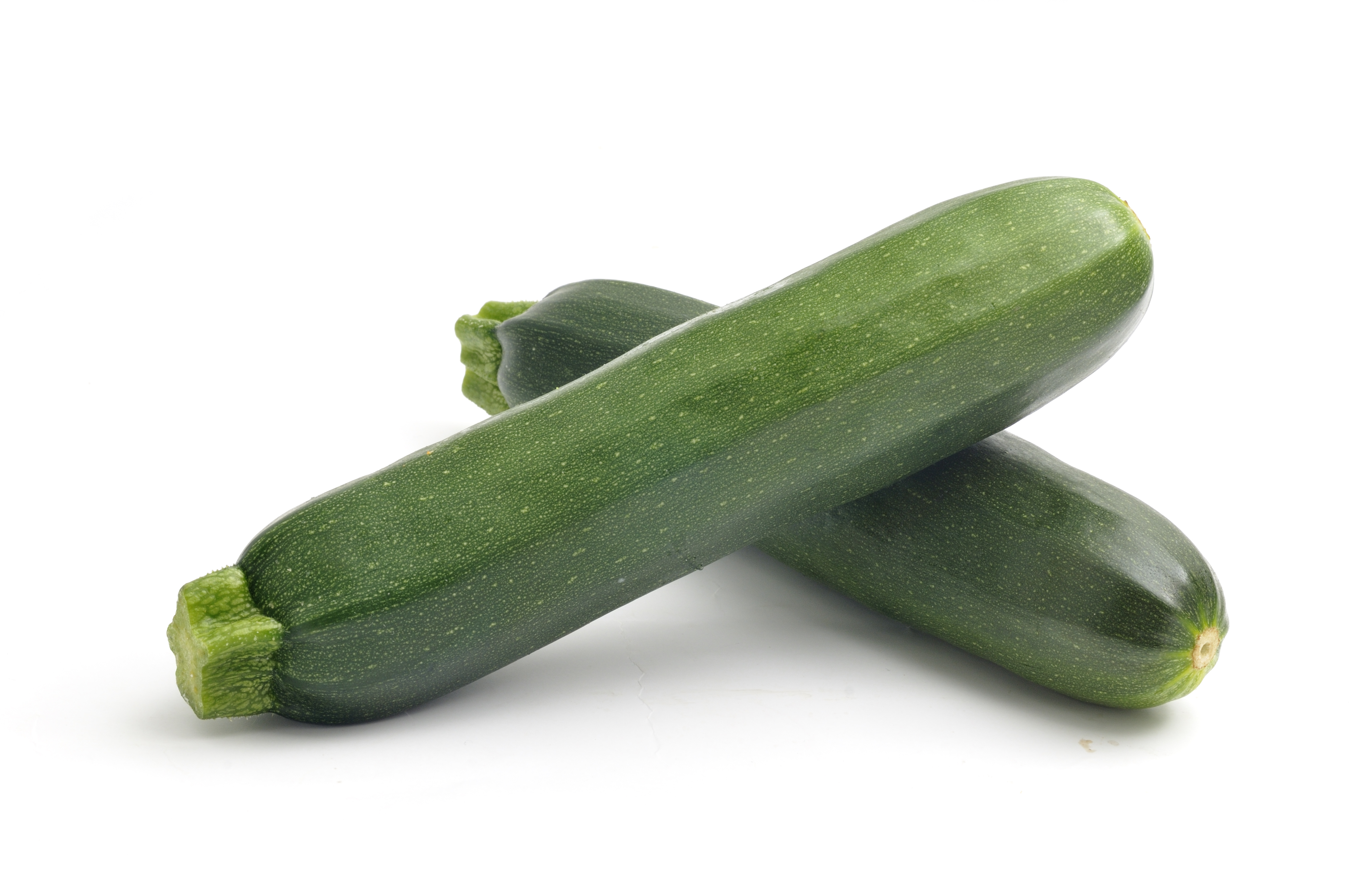 Zwei gut gewachsene Exemplare der grünen Bio-Zucchini ‚Serafina‘ liegen aufeinander